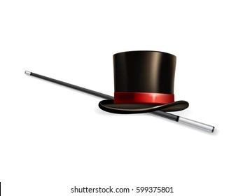 Vector realistic cylinder hat with stick isolated on white background.