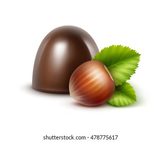 Vector Realistic Dark Black Bitter Chocolate Candy with Hazelnuts Close up Isolated on White Background