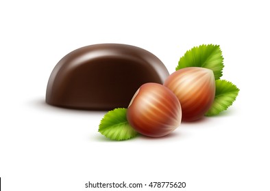 Vector Realistic Dark Black Bitter Chocolate Candy with Hazelnuts Close up Isolated on White Background