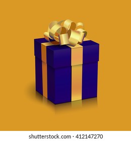 Vector Realistic Dark Blue Gift Box with Gold Ribbon and Bow. Digital Illustration for Holiday Design. 