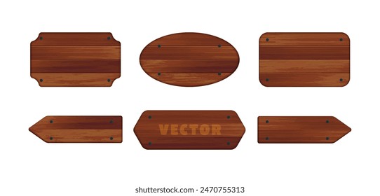 Vektorgrafik Realistisches dunkelbraunes Holzplaketten-Set. Holz Textur Rechteck, rund, Pfeil Schild isoliert auf weiß. 3D leerer gealterter Holzrahmen für Spielschild, Naturholz-Banner, Menü, Vintage-Nachricht.