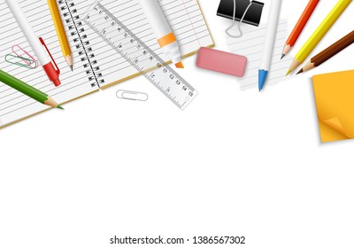 Vector realistic decorative border with stationery supplies and space for your text - back to school, education, studying concept