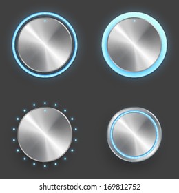 Vector realistic detailed knobs set with metal texture and blue light elements