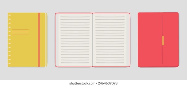 Vector realistic diary template. Notepad with blank open page in line, notepad with clasp, notebook with metal spiral. Stationery items concept.