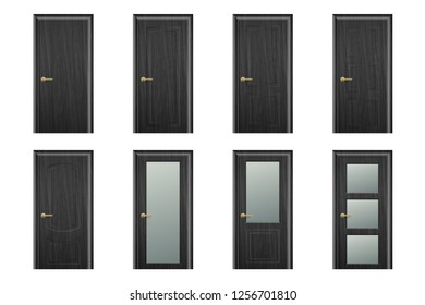 Vector Realistic Different Closed Black Wooden Door Icon Set Closeup Isolated on White Background. Elements of Architecture. Design template of Classic Home Door for Graphics, Clipart. Front View