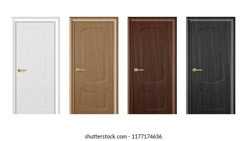 Vector realistic different closed brown wooden door icon set closeup isolated on white background. Elements of architecture. Design template for graphics, Front view