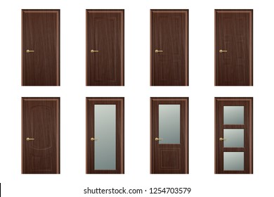 Vector Realistic Different Closed Brown Wooden Door Icon Set Closeup Isolated on White Background. Elements of Architecture. Design template of Classic Home Door for Graphics, Clipart. Front View