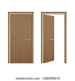 Vector realistic different opened and closed brown wooden door icon set closeup isolated on white background. Elements of architecture. Design template for graphics, Front view