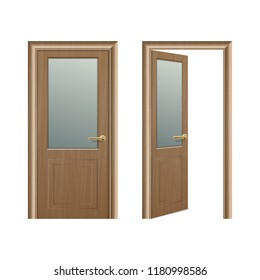 Vector realistic different opened and closed brown wooden door icon set closeup isolated on white background. Elements of architecture. Design template for graphics, Front view