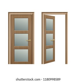 Vector realistic different opened and closed brown wooden door icon set closeup isolated on white background. Elements of architecture. Design template for graphics, Front view