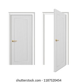 Vector realistic different opened and closed white wooden door icon set closeup isolated on white background. Elements of architecture. Design template for graphics, Front view