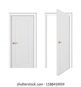 Vector realistic different opened and closed white wooden door icon set closeup isolated on white background. Elements of architecture. Design template for graphics, Front view