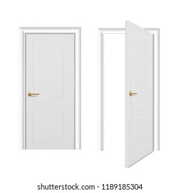 Vector realistic different opened and closed white wooden door icon set closeup isolated on white background. Elements of architecture. Design template for graphics, Front view