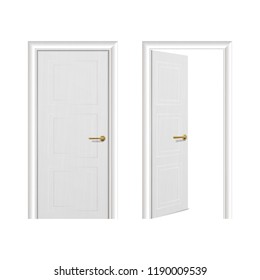 Vector realistic different opened and closed white wooden door icon set closeup isolated on white background. Elements of architecture. Design template for graphics, Front view