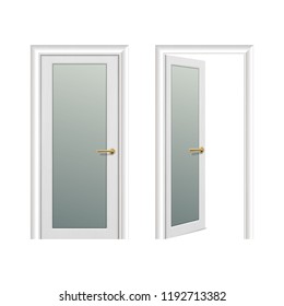 Vector realistic different opened and closed white wooden door icon set closeup isolated on white background. Elements of architecture. Design template for graphics, Front view