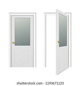 Vector realistic different opened and closed white wooden door icon set closeup isolated on white background. Elements of architecture. Design template for graphics, Front view