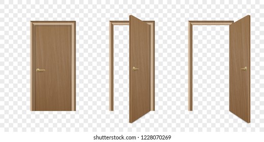 Vector Realistic Different Opened and Closed Brown Wooden Door Icon Set Closeup Isolated on Transparent Background. Elements of Architecture. Design Template of Modern Door for Graphics. Front View
