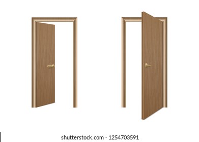 Vector Realistic Different Opened and Closed Brown Wooden Door Icon Set Closeup Isolated on White Background. Elements of Architecture. Design template of Classic Home Door for Graphics. Front View