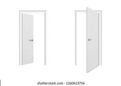 Vector Realistic Different Opened and Closed White Wooden Door Icon Set Closeup Isolated on White Background. Elements of Architecture. Design template of Classic Home Door for Graphics. Front View