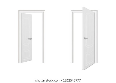 Vector Realistic Different Opened and Closed White Wooden Door Icon Set Closeup Isolated on White Background. Elements of Architecture. Design template of Classic Home Door for Graphics. Front View