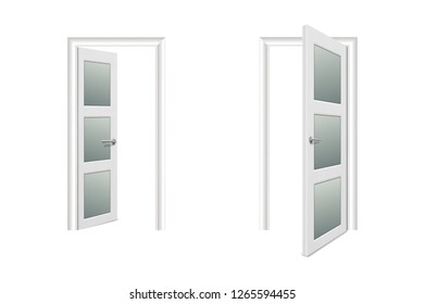 Vector Realistic Different Opened and Closed White Wooden Door Icon Set Closeup Isolated on White Background. Elements of Architecture. Design template of Classic Home Door for Graphics. Front View