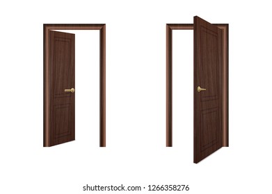 Vector Realistic Different Opened and Closed White Wooden Door Icon Set Closeup Isolated on Brown Background. Elements of Architecture. Design template of Classic Home Door for Graphics. Front View