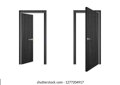 Vector Realistic Different Opened and Closed Black Wooden Door Icon Set Closeup Isolated on Brown Background. Elements of Architecture. Design template of Classic Home Door for Graphics. Front View