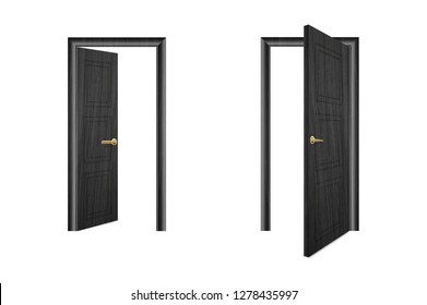 Vector Realistic Different Opened and Closed Black Wooden Door Icon Set Closeup Isolated on Brown Background. Elements of Architecture. Design template of Classic Home Door for Graphics. Front View