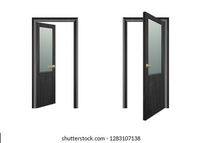 Vector Realistic Different Opened and Closed Black Wooden Door Icon Set Closeup Isolated on Brown Background. Elements of Architecture. Design template of Classic Home Door for Graphics. Front View