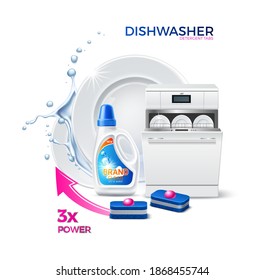 Vector realistic dishwasher tabs advertising template. Modern dish washing machine with clean plates on background of cutlery, water splash, bottle detergent and tabs.