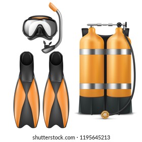 Vector realistic diver equipment set, snorkeling mask with snorkel, orange aqualung and flippers isolated on white background. Clipart with black goggles, rubber swim fins, sport gear for scuba diving