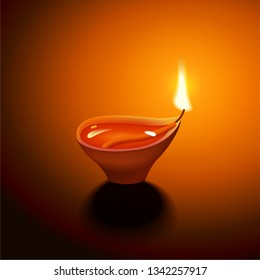 Vector realistic Diwali lamp with flame. Realistic shining candle.