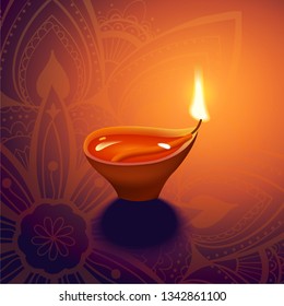Vector realistic Diwali lamp with flame. Realistic shining candle.