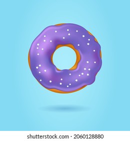 Vector realistic donut illustration. Purple glaze with stars. Donut isolated on a blue background. Donut, breakfast, dessert