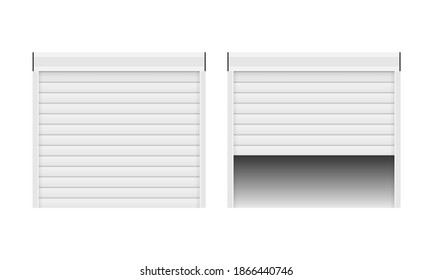 Vector of realistic door with rolling shutters on white background. Open and closed. Vector illustration.