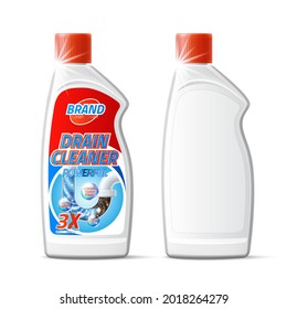 Vector realistic drain pipe cleaner bottle with plastic sewer clogged with mud and liquid detergent effect. Plastic detergent container blank mockup and with branding.