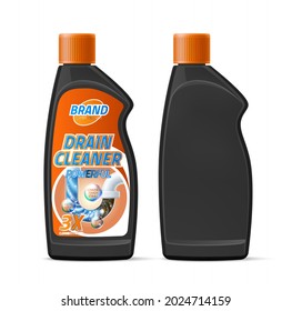 Vector realistic drain pipe cleaner black bottle with plastic sewer clogged with mud and liquid detergent effect. Plastic detergent container blank mockup and with branding.