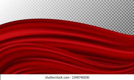 Vector realistic drapery of bright red fabric. Decorative folds of silk isolated on transparent background.