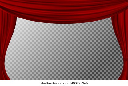 Vector realistic drapery of bright red fabric. Decorative folds of silk isolated on transparent background. Open theater curtain.