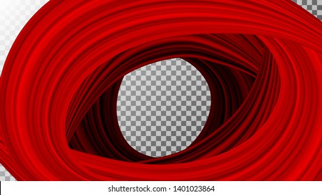 Vector realistic drapery of bright red fabric. Decorative folds of silk isolated on transparent background.