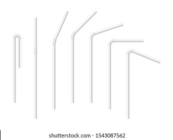 Vector realistic drinking straws for milk drinks, cocktails or alcohol. Set of white drinking straws isolated with various bends. 3D template for design.