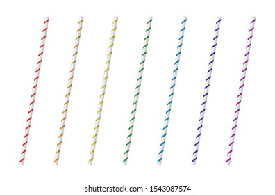 Vector realistic drinking straws for milk drinks, cocktails or alcohol. Set of white, red, orange, yellow, blue, green, purple drinking straws isolated. 3D template for design.