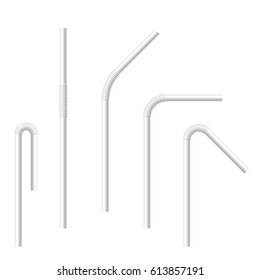 Vector realistic drinking straws set. Collection of white drinking straws with various bends. Template for design.