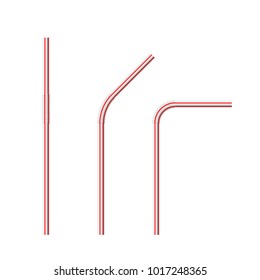 Vector realistic drinking straws striped for milk drinks, cocktails or alcohol. Set of white-red drinking straws isolated with various bends. Template for design