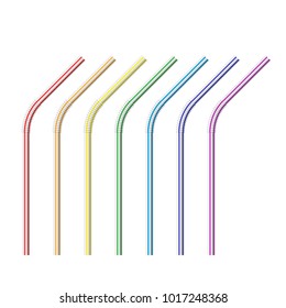 Vector realistic drinking straws striped for milk drinks, cocktails or alcohol. Set of colorful drinking straws isolated with bends. Template for design.