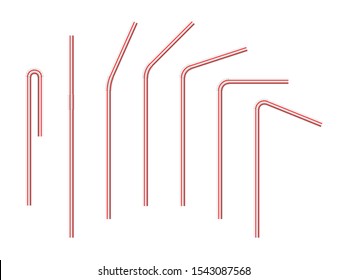 Vector realistic drinking straws striped for milk drinks, cocktails or alcohol. Set of white-red drinking straws isolated with various bends. 3D template for design.