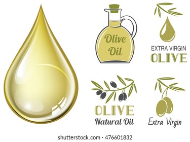 Vector Realistic Drop Of Olive Oil And Set Of Olive Labels
