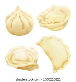 Vector realistic dumplings set. Vareniki pierogi ravioli khinkali pelmeni manti momo tortellini. Stuffed meat dough, vegetable. 3d illustration national russian, ukrainian belorussian georgian cuisine