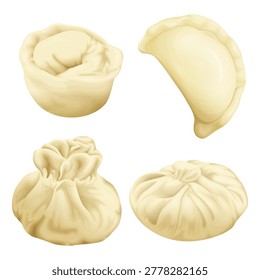 Vector realistic dumplings set. Vareniki pierogi khinkali xiao long bao baozi momo ravioli. Stuffed pork meat dough vegetable. 3d illustration national ukrainian belorussian asian cuisine