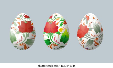 Vector realistic easter eggs with petrikov painting. Petrikovskaya painting. Ukrainian folk art.